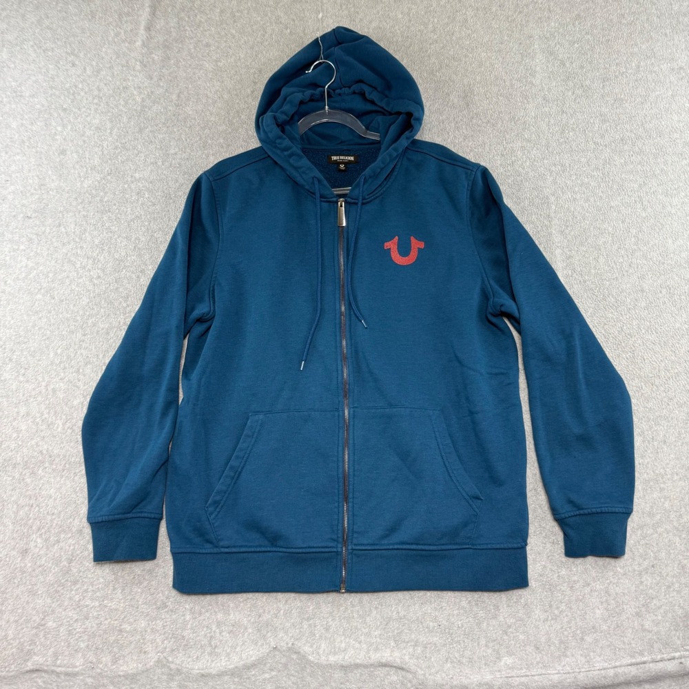 True Religion Zip Up Hoodie Mens XL Blue Buddha Graphic Logo Sweatshirt